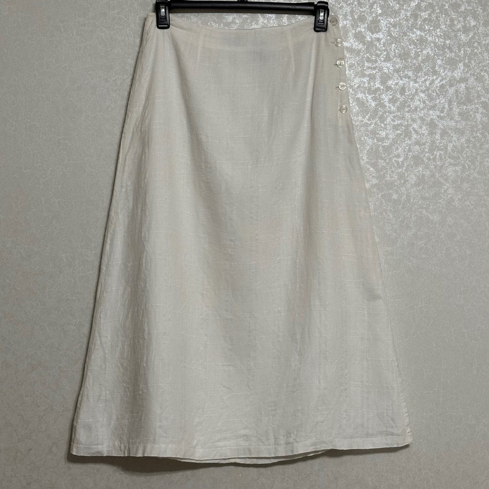 Liz Claiborne Lizsport Button Side Maxi Skirt 100% Linen Windowpane White Sz 14